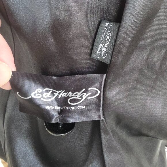 ED HARDY Black White Snake Print Belt Appliqued Rhinestones Trench Coat - Picture 12 of 13